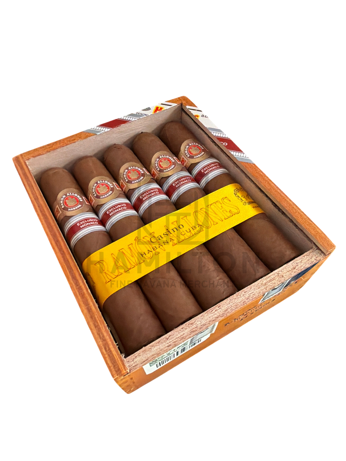 HAMILTON Ramon Allones Casino ER Monaco cigars in a wooden box with branded yellow paper band and red cigar rings