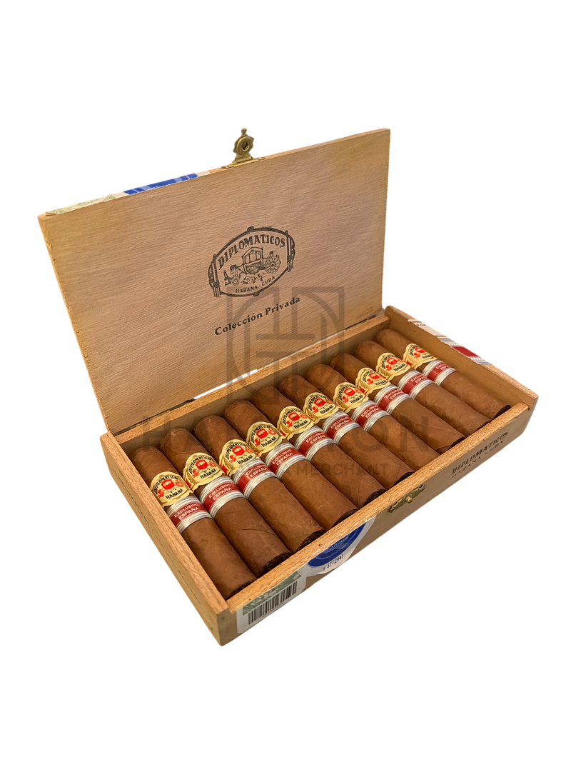 HAMILTON box of Diplomaticos Coleccion Privada Edicion Regional Espana cigars with ornate red and gold bands