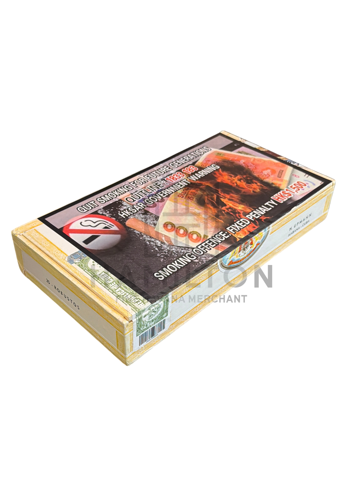HAMILTON H.UPMANN Robustos Añejados 2007 vintage cigar box with health warning label on a glass display shelf