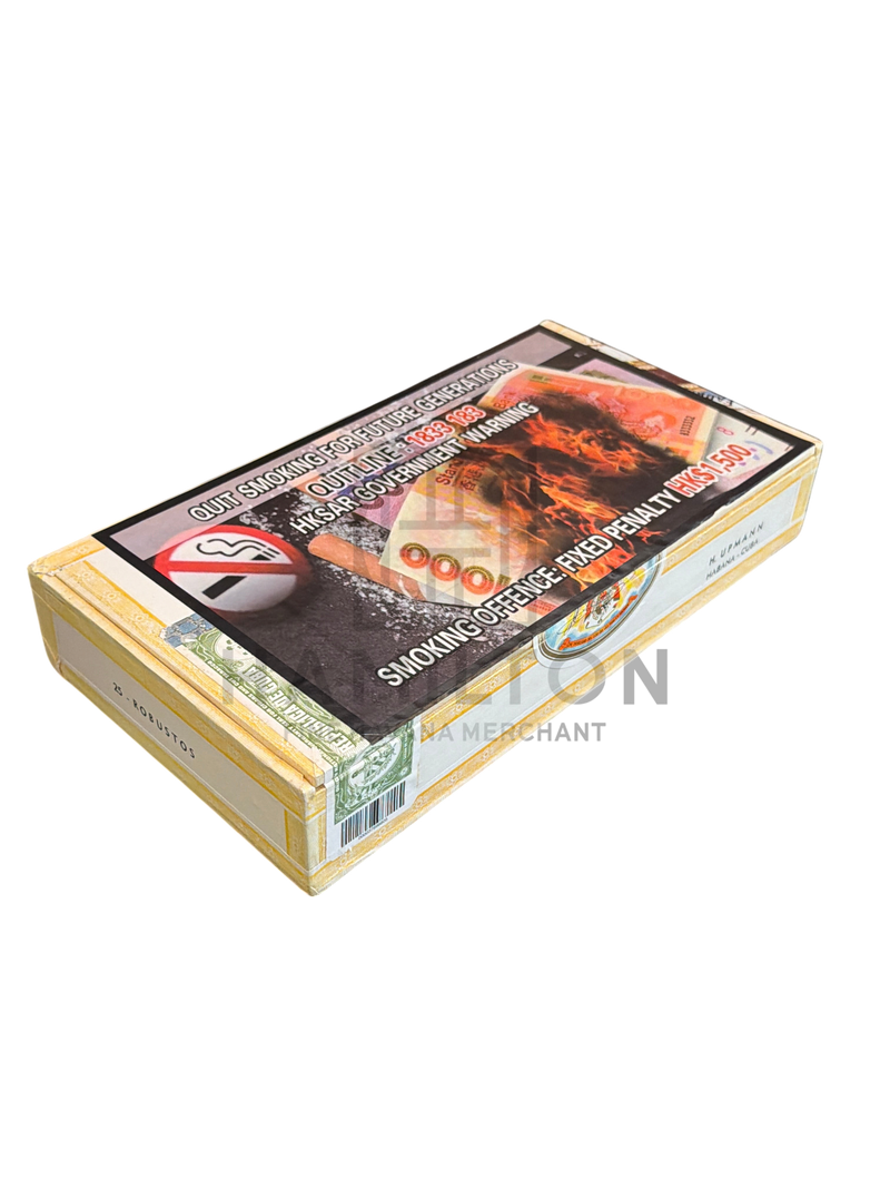 HAMILTON H.UPMANN Robustos Añejados 2007 vintage cigar box with health warning label on a glass display shelf