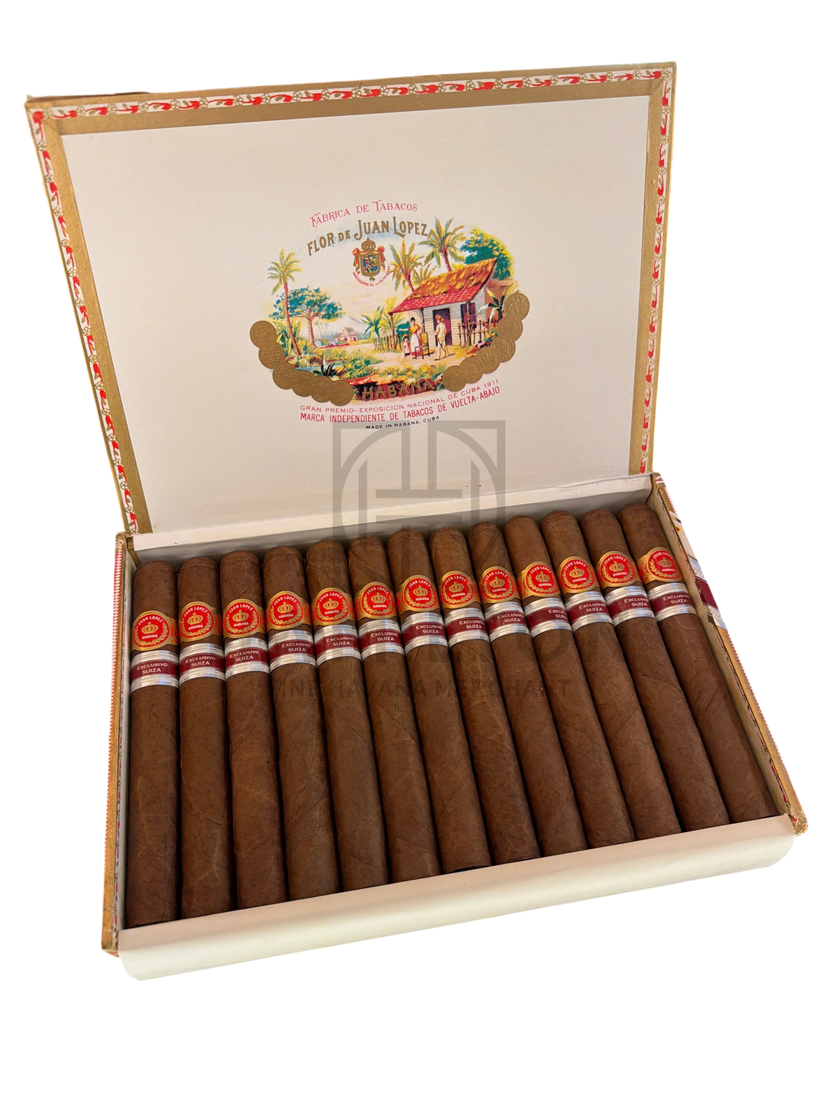 HAMILTON JUAN LOPEZ 25s Maximos ER Suiza cigar box containing premium hand-rolled Cuban cigars with red and gold bands