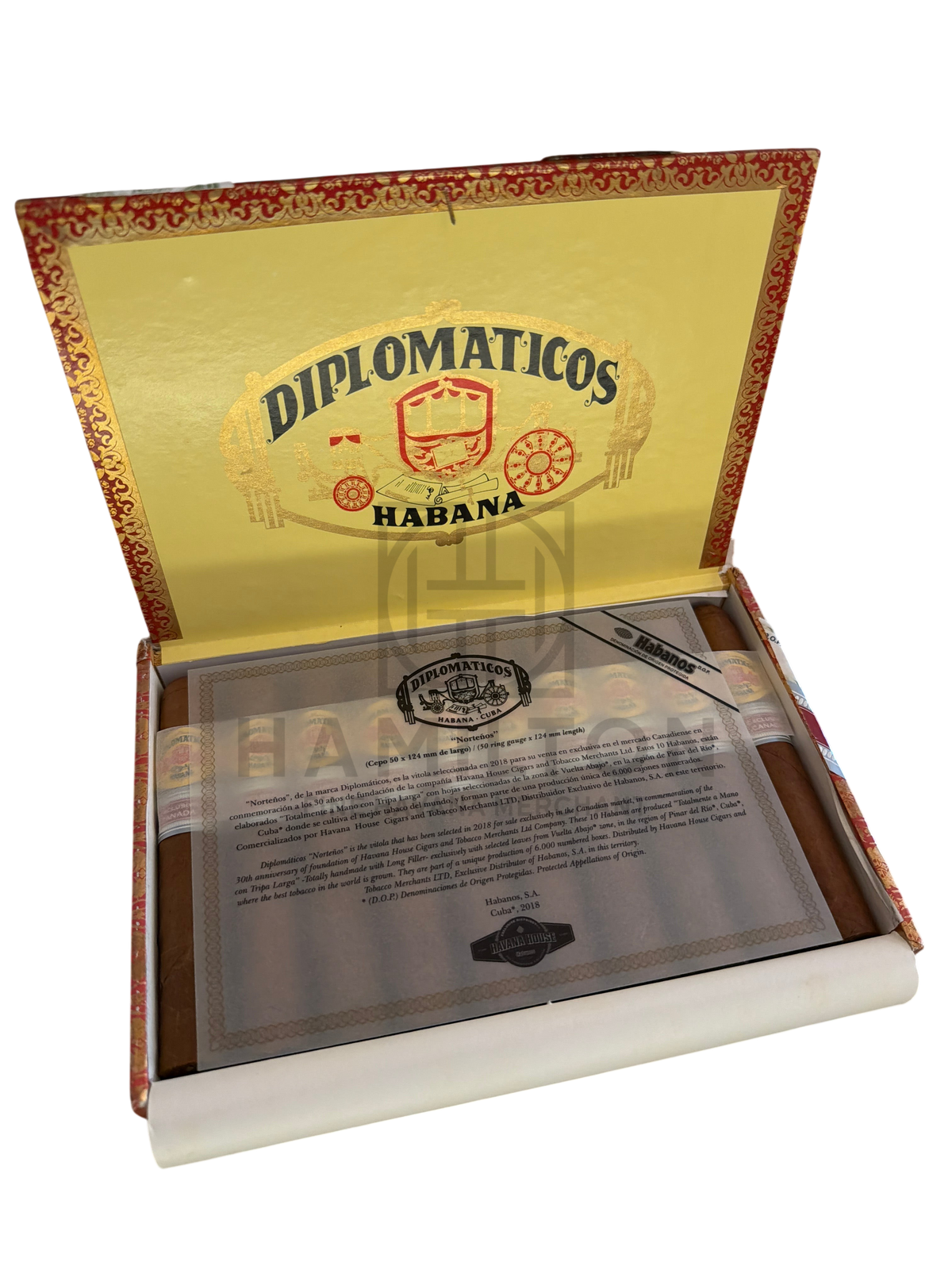 HAMILTON Diplomaticos Nortenos cigar box open with ten premium Cuban cigars and descriptive informational insert