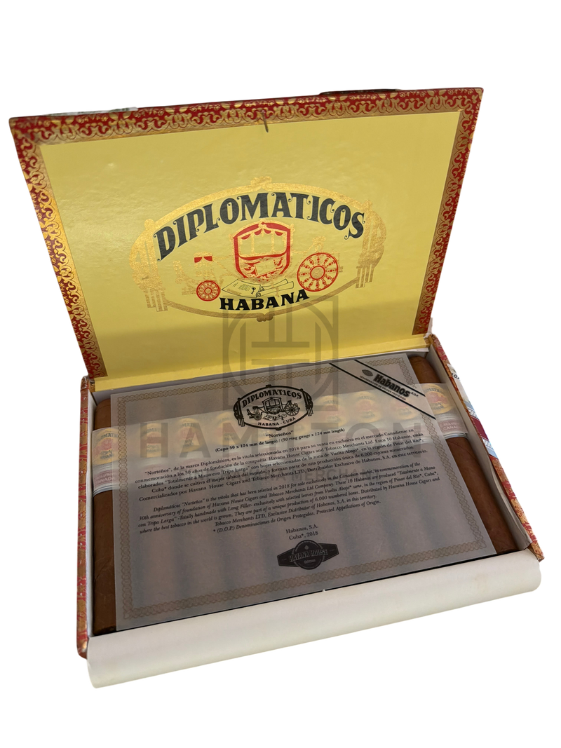 HAMILTON Diplomaticos Nortenos cigar box open with ten premium Cuban cigars and descriptive informational insert
