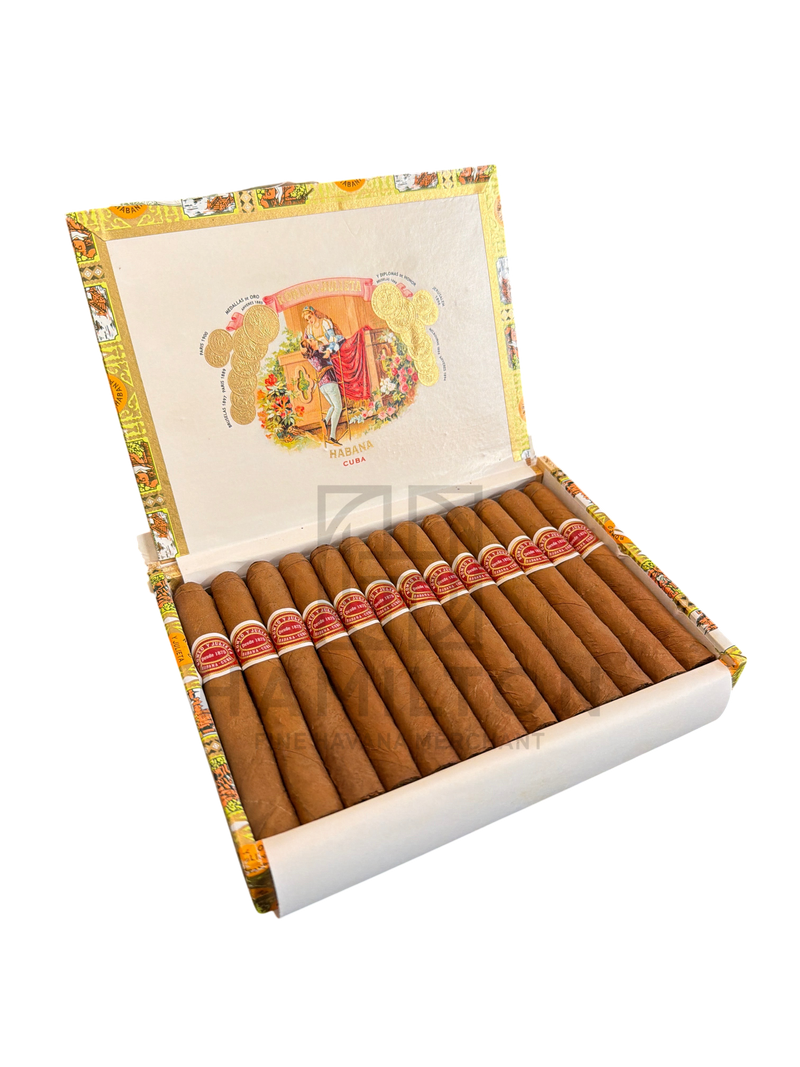 HAMILTON box of 25 Romeo y Julieta Petit Julietas cigars featuring ornate branding and classic brown tobacco leaves