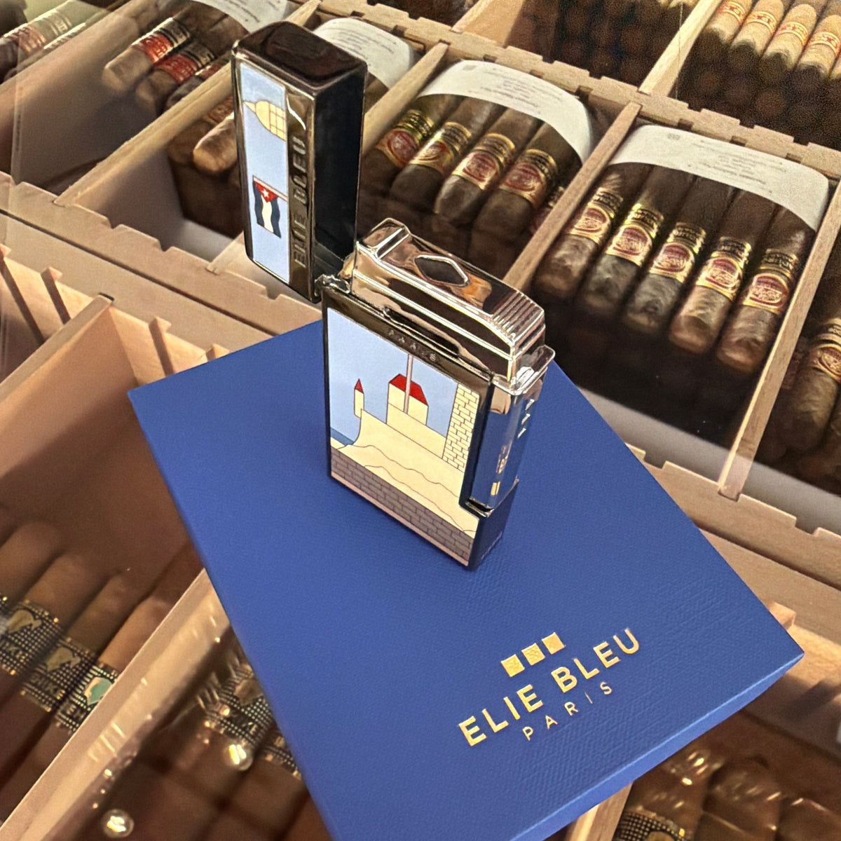 HAMILTON ELIE BLUE limited edition Casa Cubana lighter with black ion plating and Cuban architectural artwork