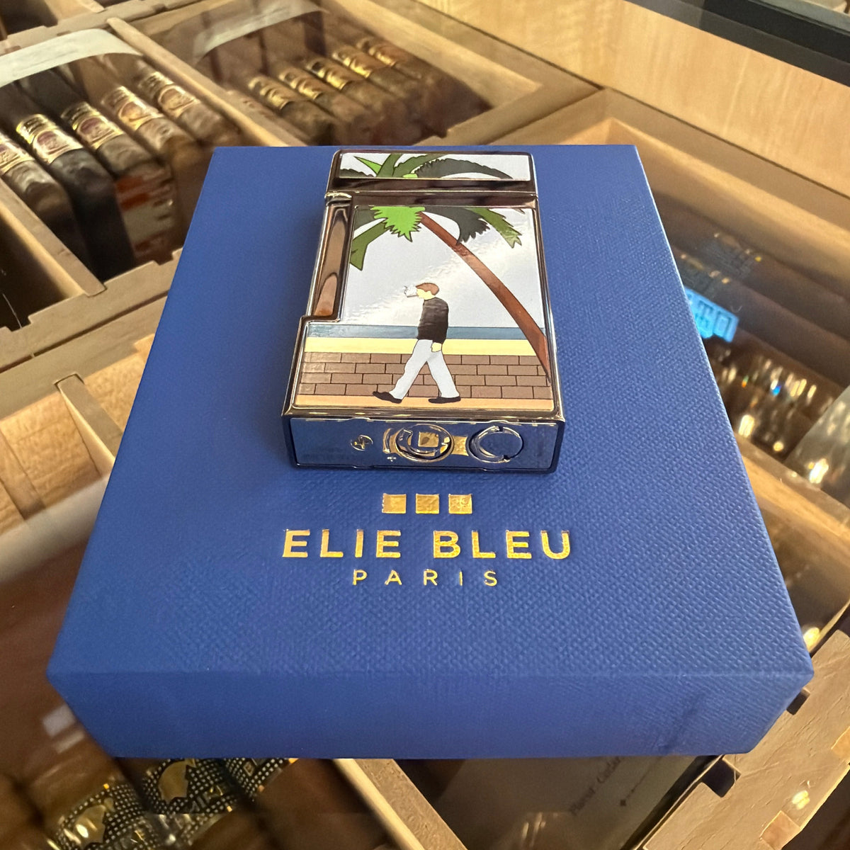 HAMILTON Elie Blue Casa Cubana limited edition lighter with black ion plating and palm tree beach scene illustration