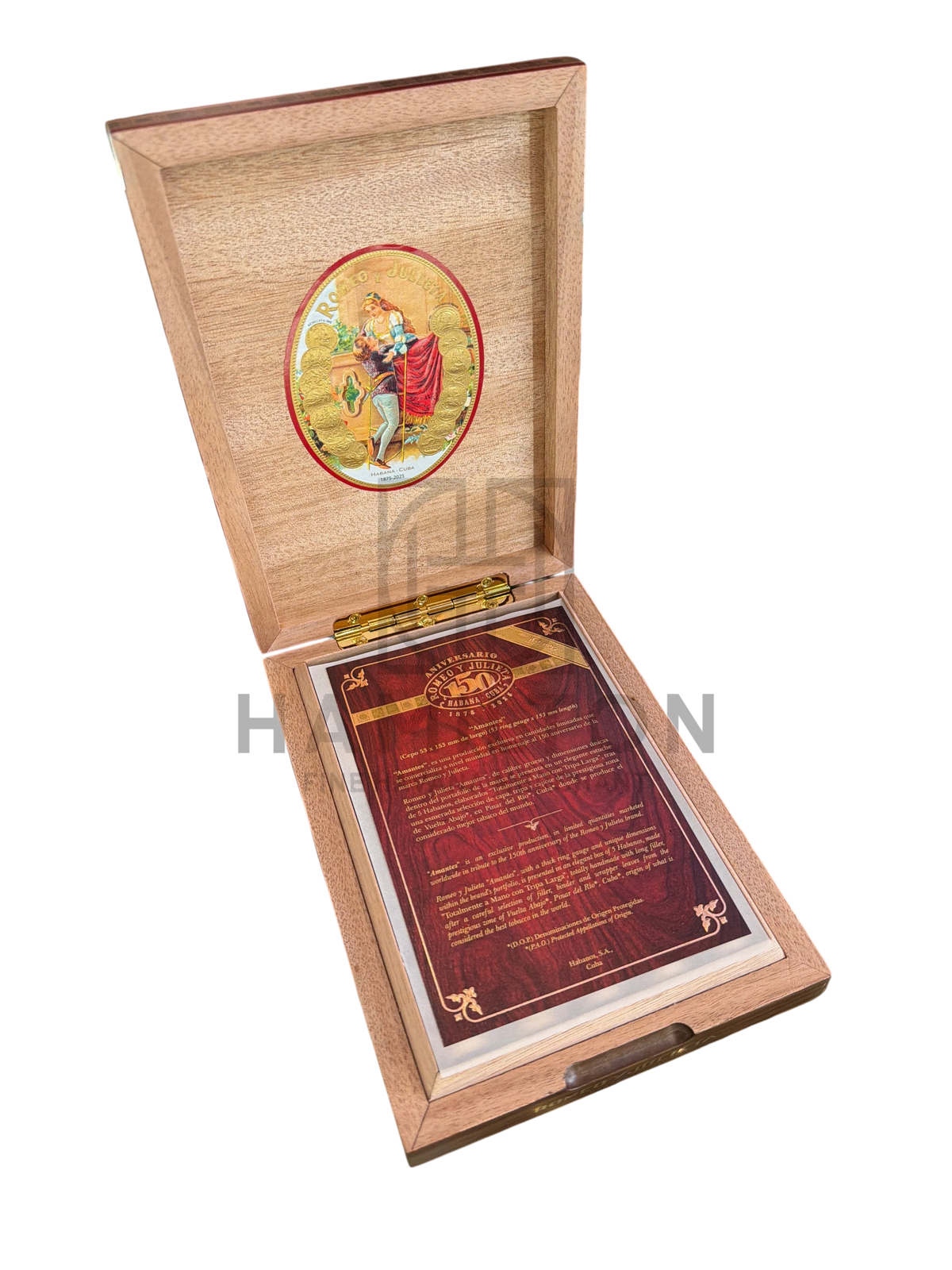 HAMILTON Romeo y Julieta 150th Anniversary Amantes cigar gift box with ornate lid emblem and descriptive insert