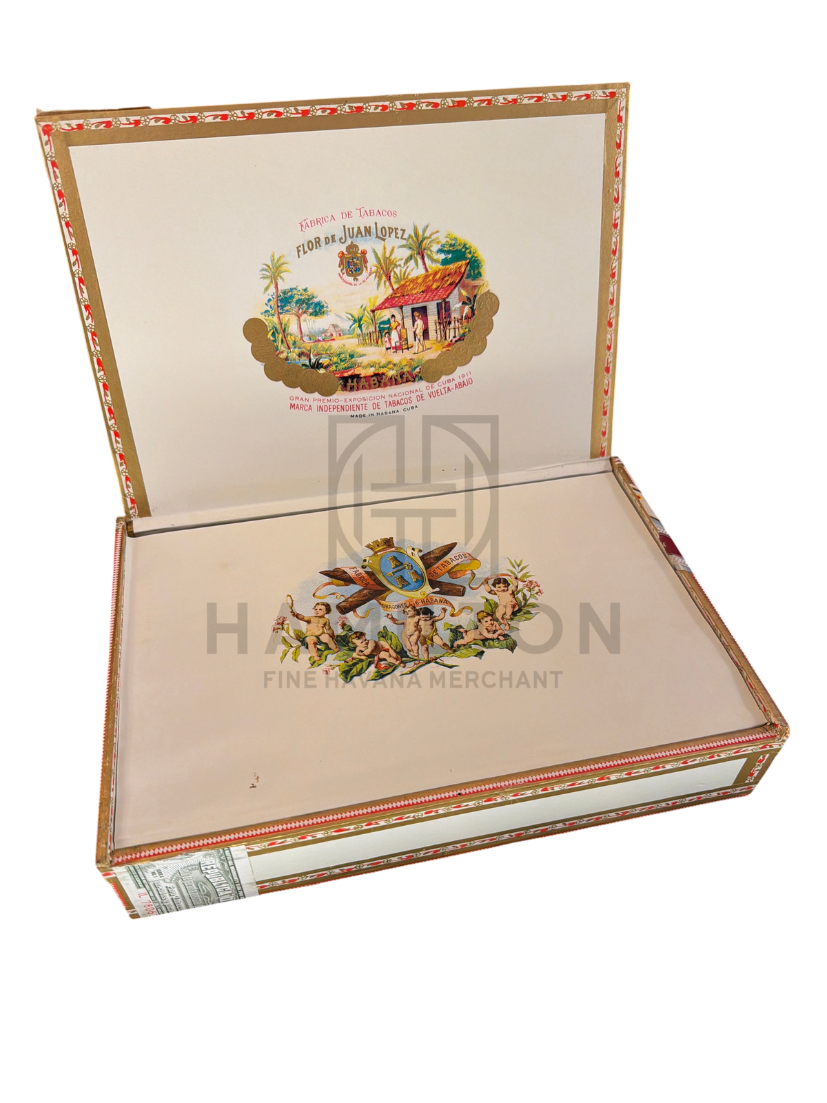 HAMILTON JUAN LOPEZ 25s Maximos ER Suiza cigar box with ornate vintage label and open lid
