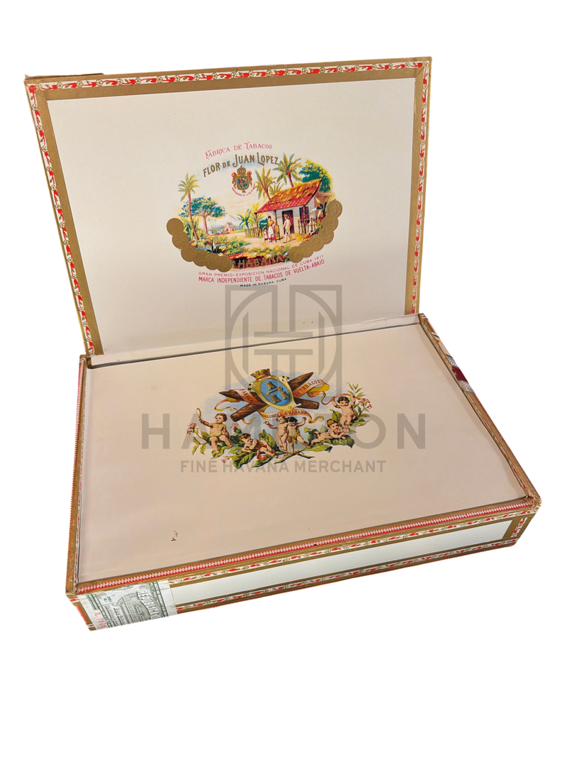 HAMILTON JUAN LOPEZ 25s Maximos ER Suiza cigar box with ornate vintage label and open lid