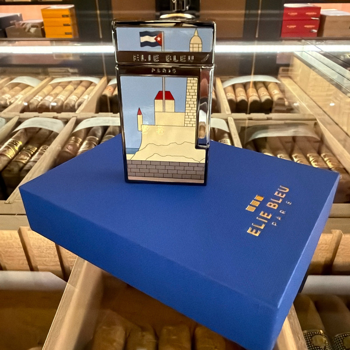 HAMILTON ELIE BLEU Limited Edition Casa Cubana lighter with black ion plating and decorative coastal architecture art