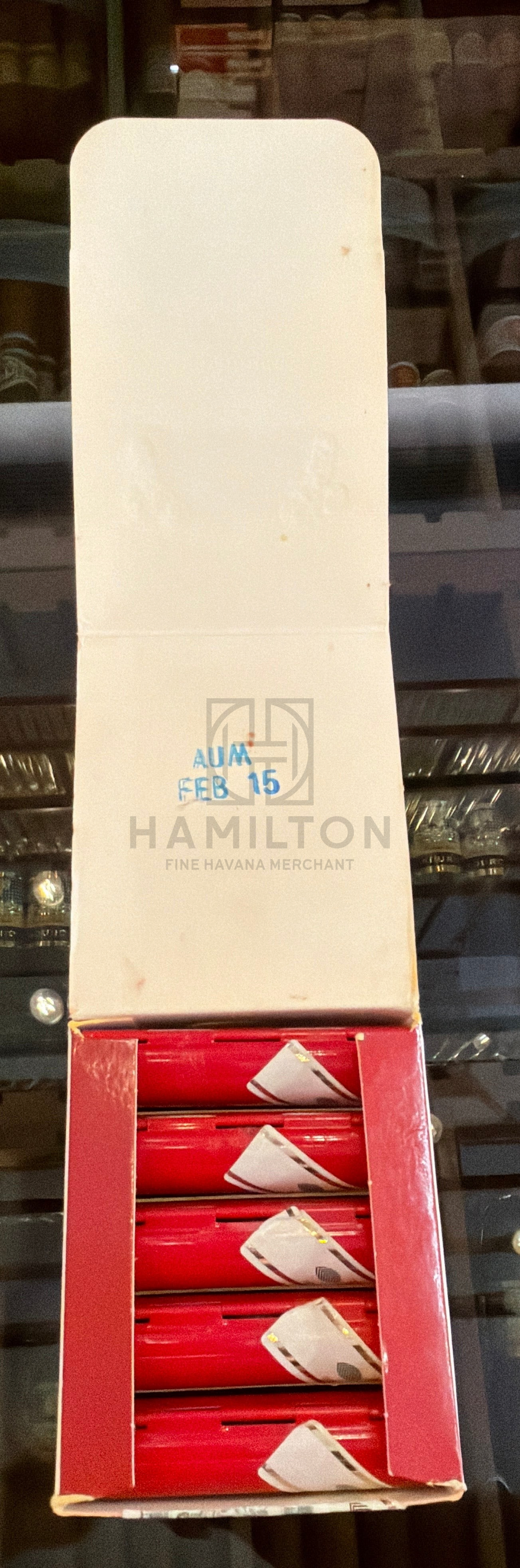 HAMILTON Romeo y Julieta 2015 cigar tin with five red cigar cases and stamped date inside the open lid