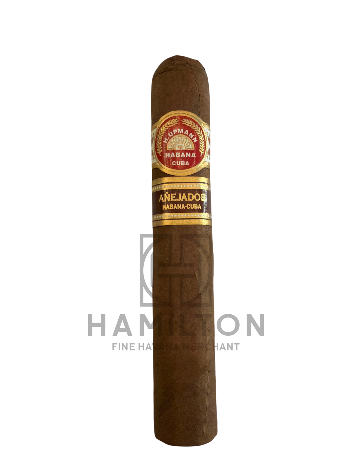HAMILTON H. Upmann Robustos Añejados vintage Cuban cigar with gold and red branding on a white background