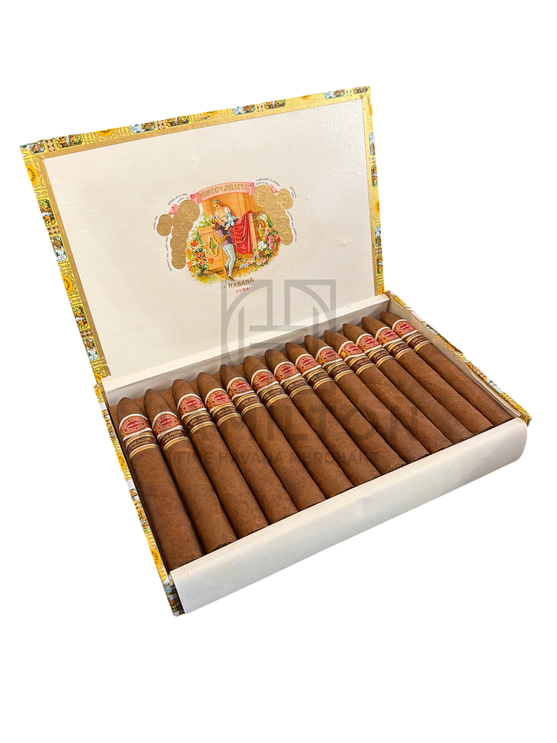 HAMILTON Romeo y Julieta 2008 Anejados Piramides cigars in an open wooden box with ornate brand branding