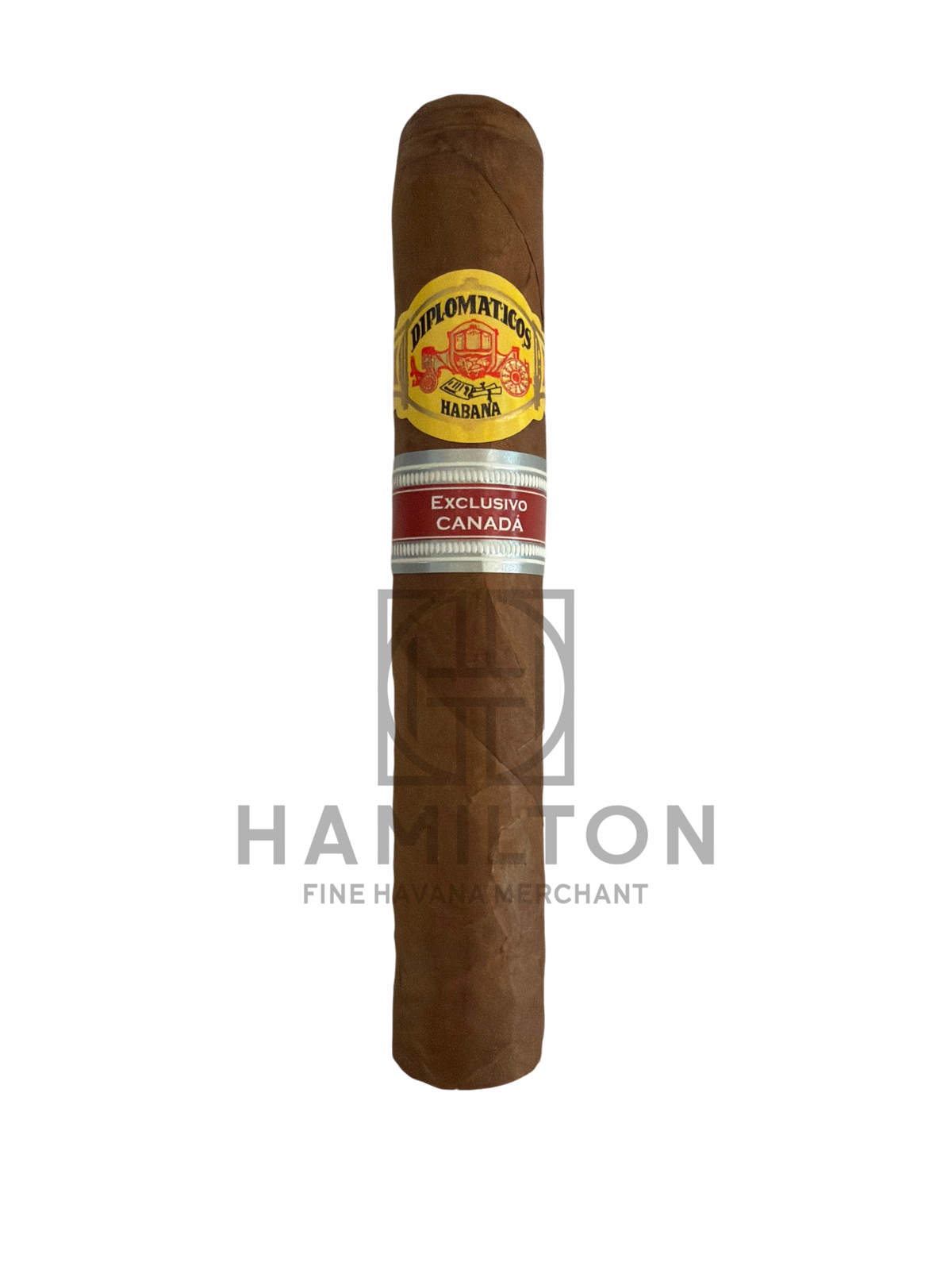 HAMILTON Diplomaticos Nortenos cigar with yellow and red Exclusivo Canada bands on a white background