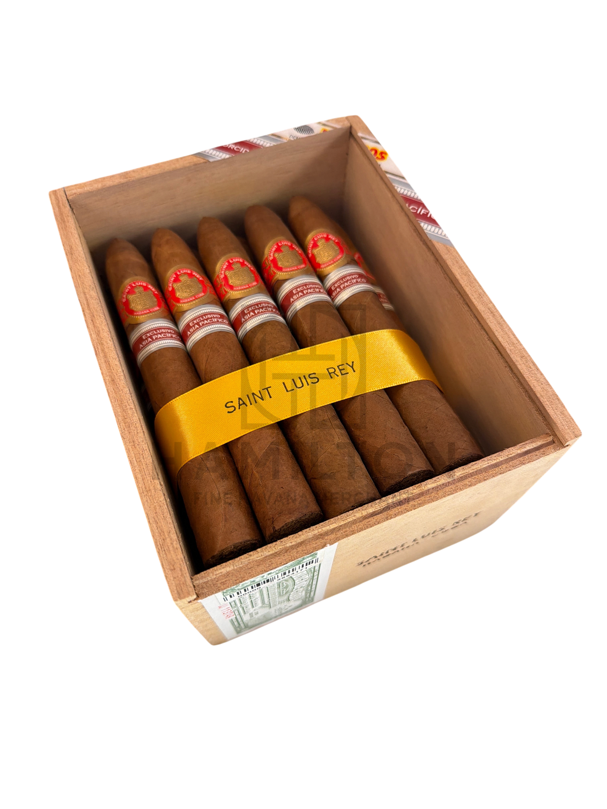 HAMILTON Saint Luis Rey Pacificos cigars in a wooden box with yellow ribbon and Asia Pacifico exclusive bands