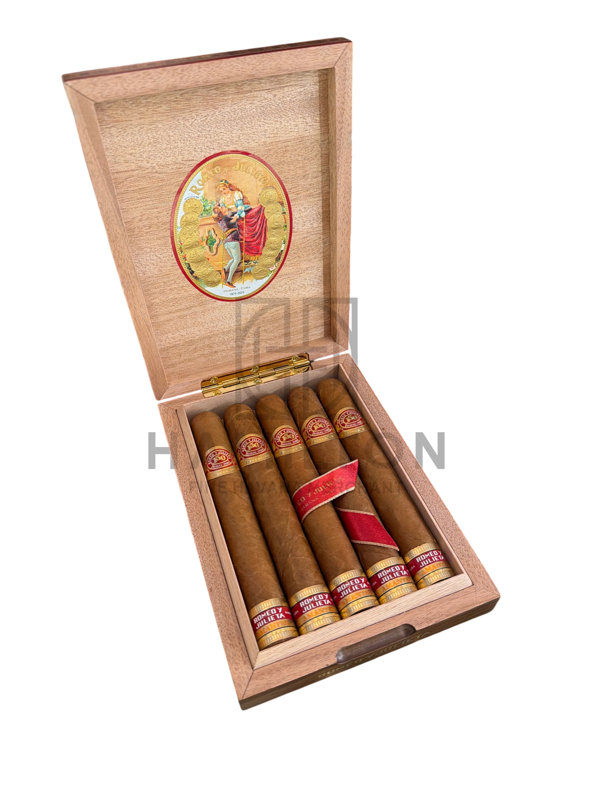 HAMILTON Romeo y Julieta 150th Anniversary cigar gift box featuring five premium cigars in a wooden humidor case.