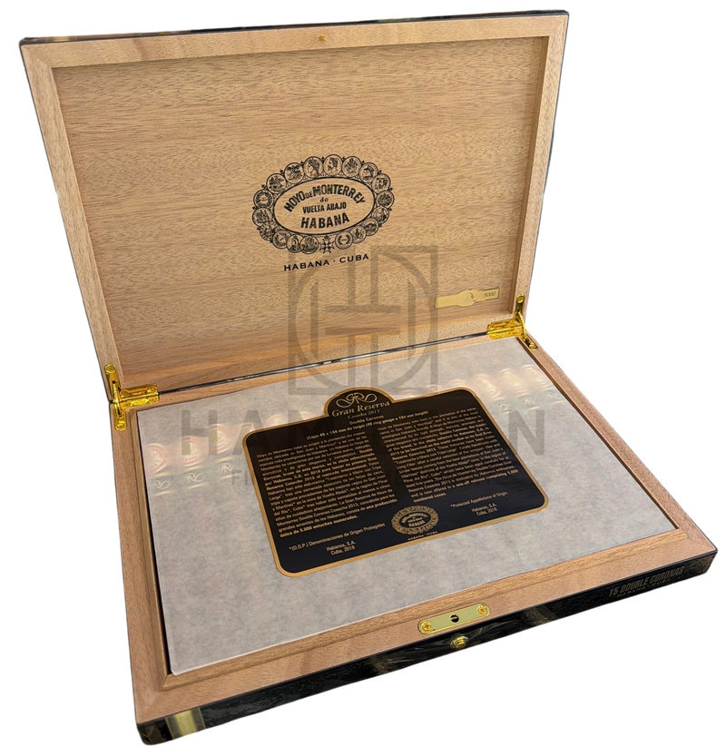 HAMILTON HOYO DE MONTERRY Double Coronas Gran Reserva Cosecha 2013 cigar box with gold plaque and wooden finish