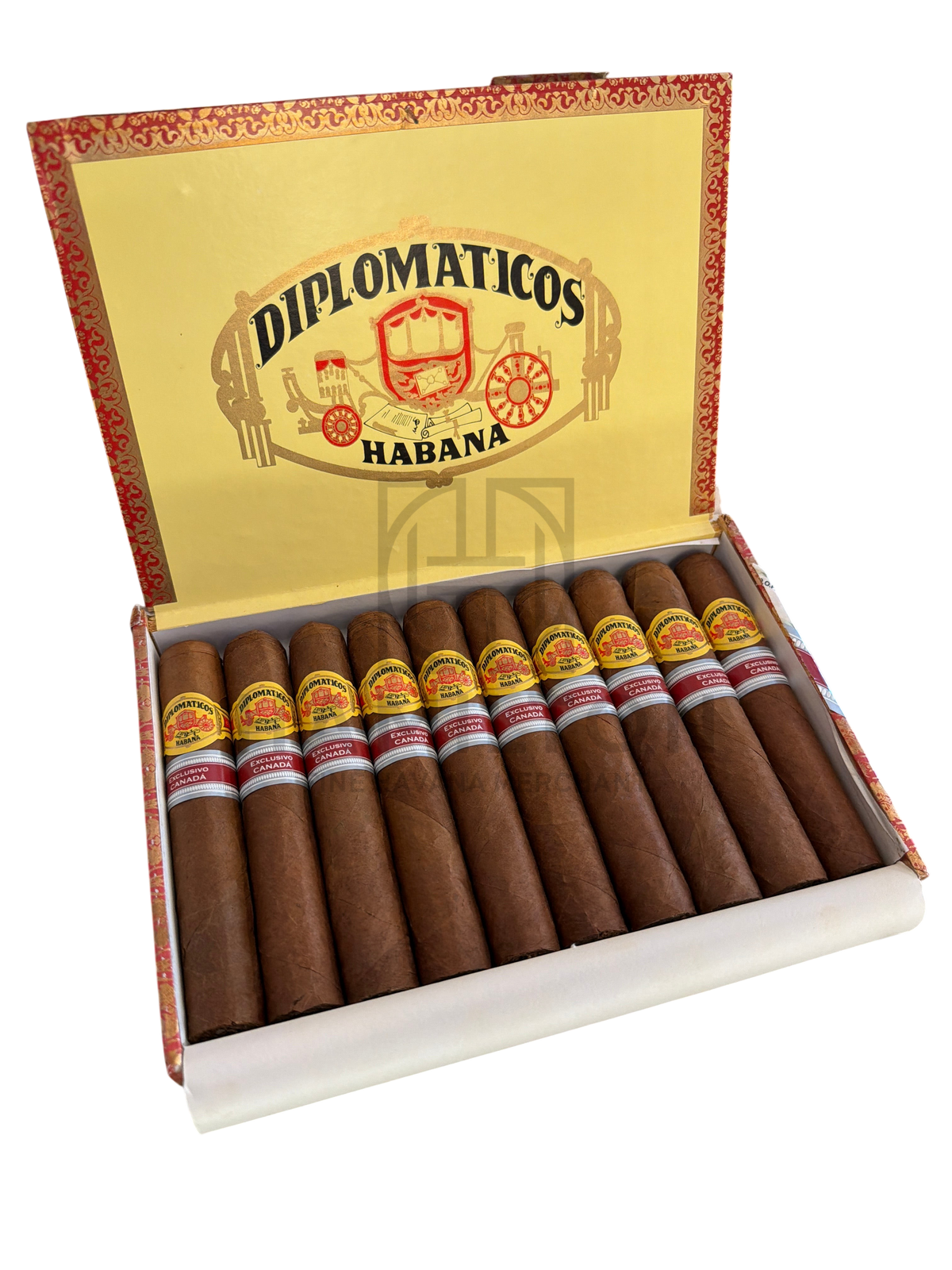 HAMILTON Diplomaticos Nortenos cigars in an open yellow box with Exclusivo Canada bands inside a glass display case.