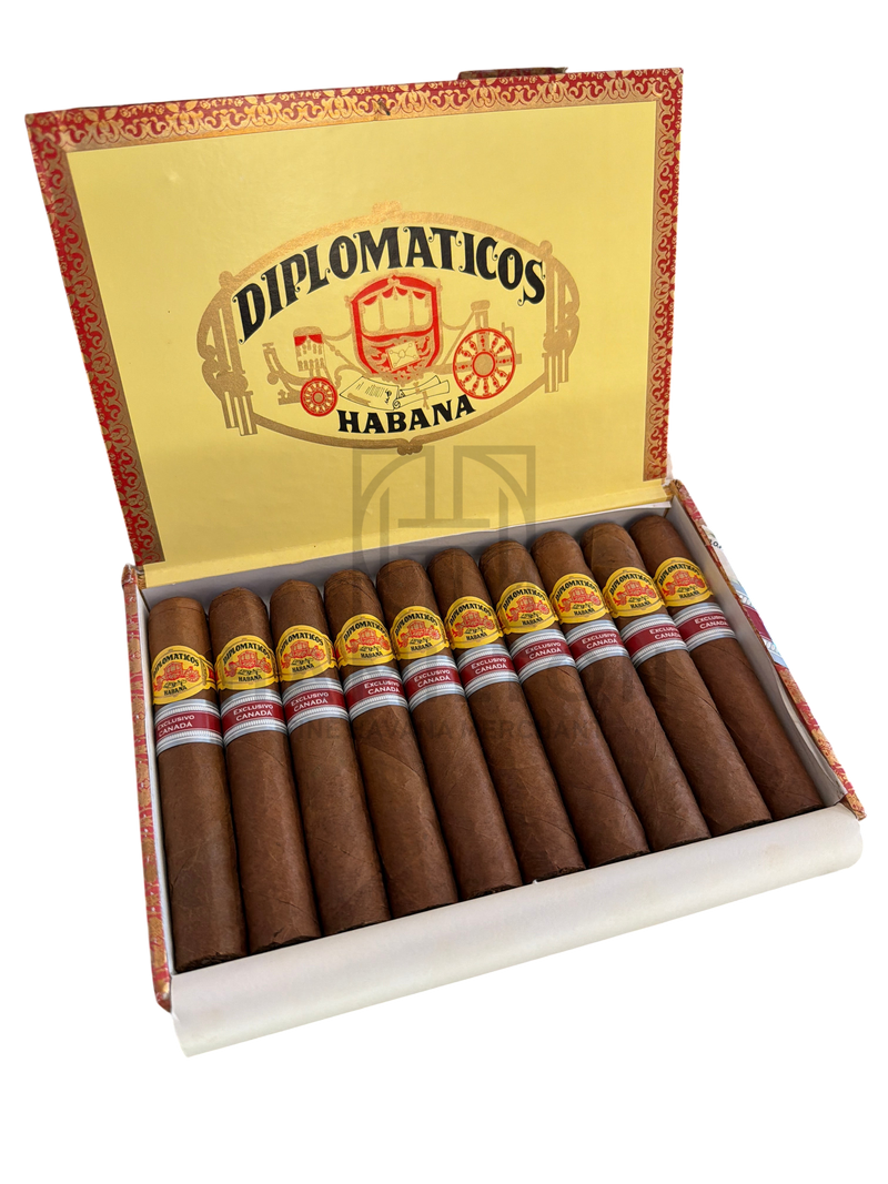 HAMILTON Diplomaticos Nortenos cigars in an open yellow box with Exclusivo Canada bands inside a glass display case.