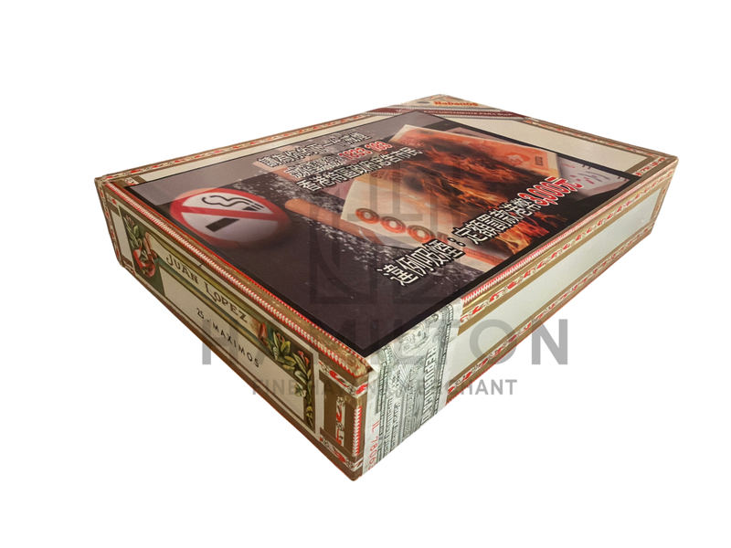 HAMILTON Juan Lopez Maximos 25s cigar box with health warning label and ornate vintage-style branding