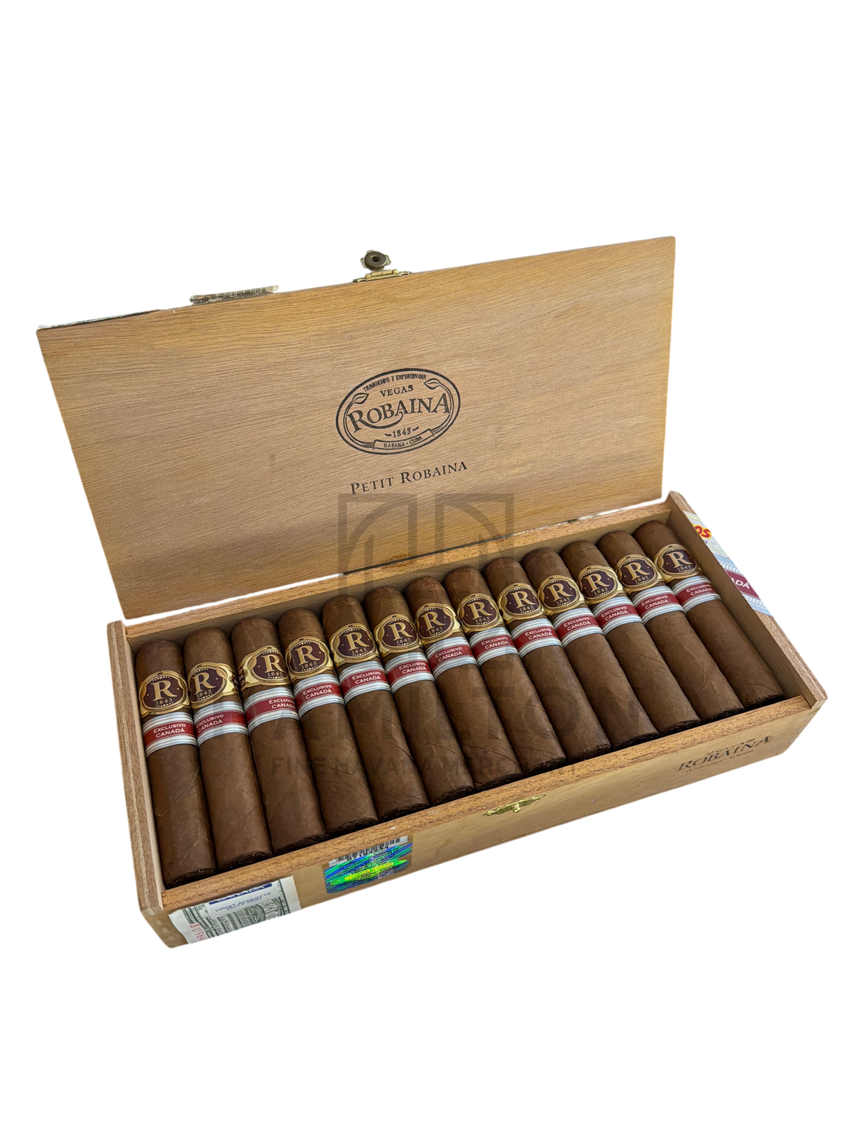 HAMILTON box of 25 Vegas Robaina Petit Robaina cigars with Exclusivo Canada bands displayed in a glass humidor