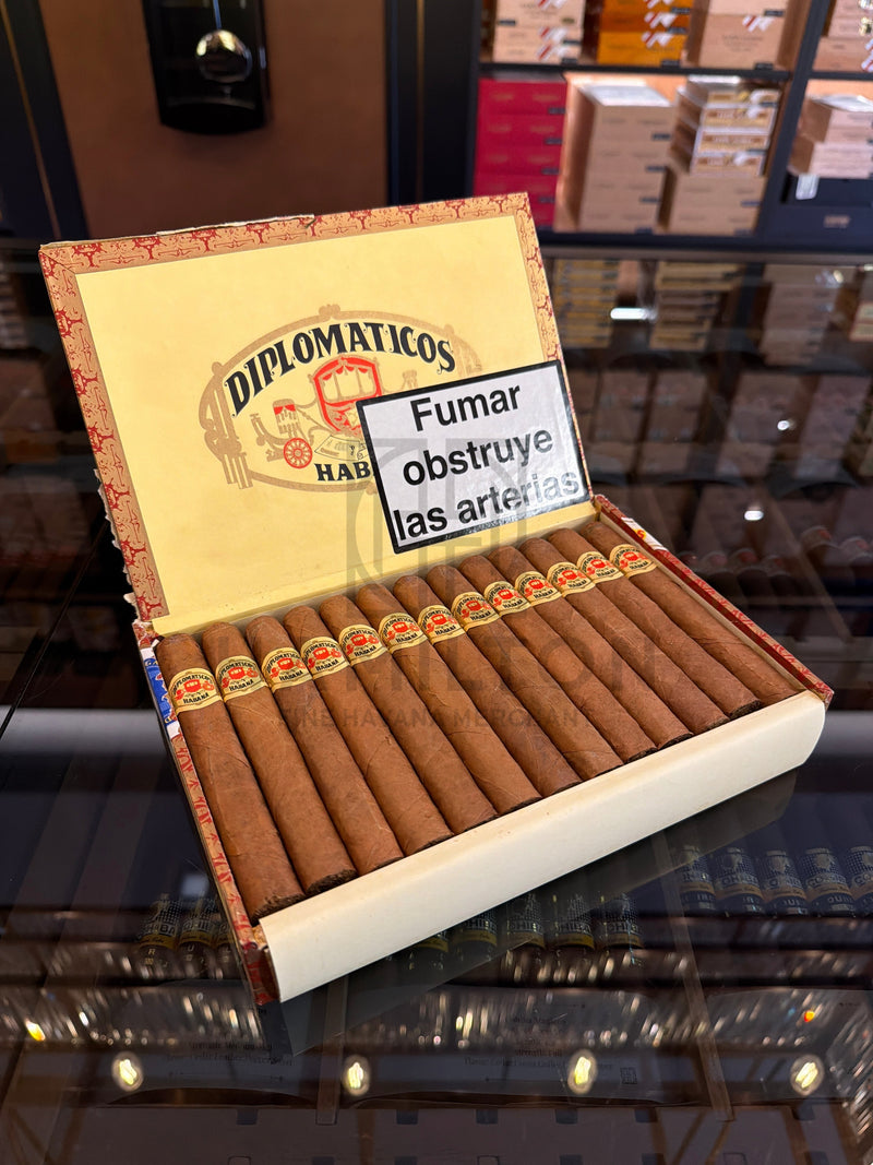 HAMILTON vintage 2002 Diplomaticos No.4 cigars in an open wooden box with ornate branding and health warning label