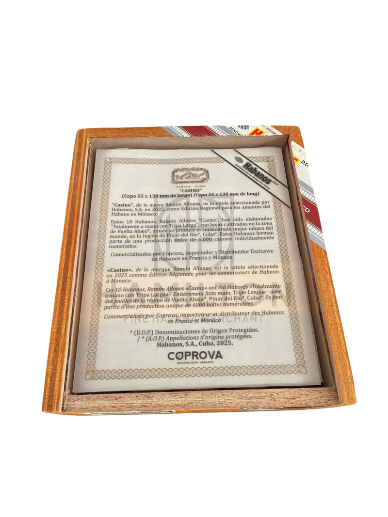 HAMILTON Ramon Allones Casino 10s Casino ER Monaco cigar box with informational certificate of authenticity