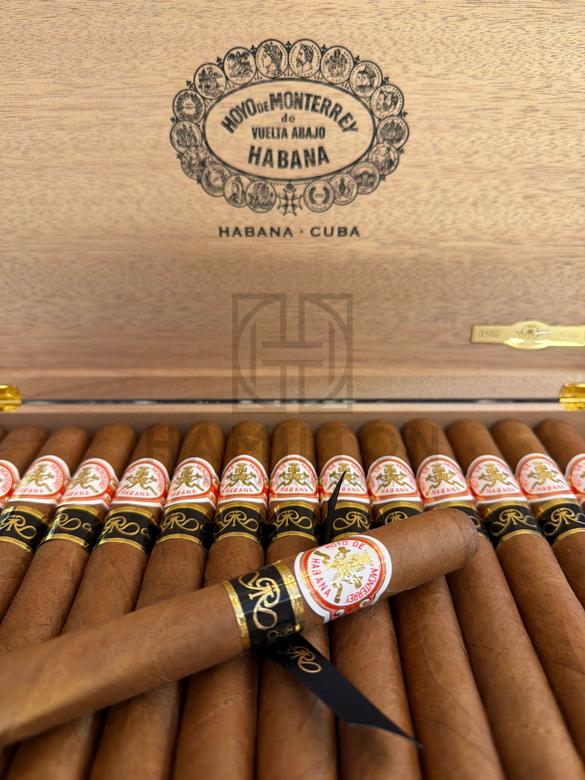 HAMILTON Hoyo de Monterrey Double Coronas Gran Reserva 2013 cigars in a wooden box with ornate gold and white bands.