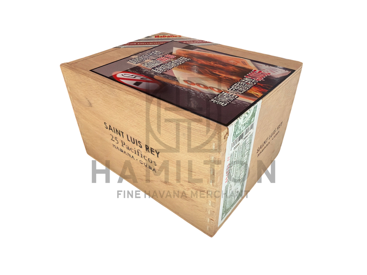 HAMILTON Saint Luis Rey Pacificos cigar box featuring 25 premium Cuban cigars in a wooden box with health warnings.