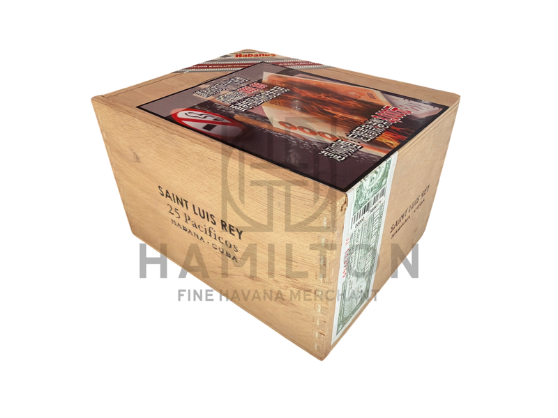 HAMILTON Saint Luis Rey Pacificos cigar box featuring 25 premium Cuban cigars in a wooden box with health warnings.