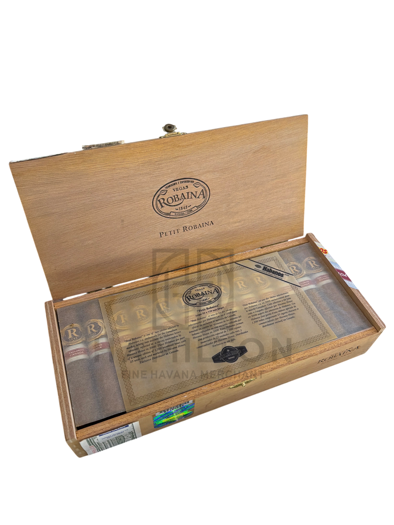 HAMILTON open wooden box of Vegas Robaina Petit Robaina cigars with branded gold label and Habanos seal