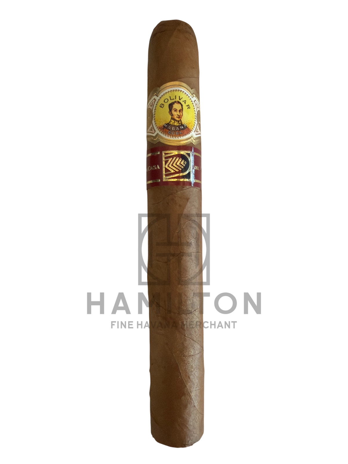 HAMILTON Bolivar Libertador La Casa del Habano 2013 cigar with gold and red bands on a white background