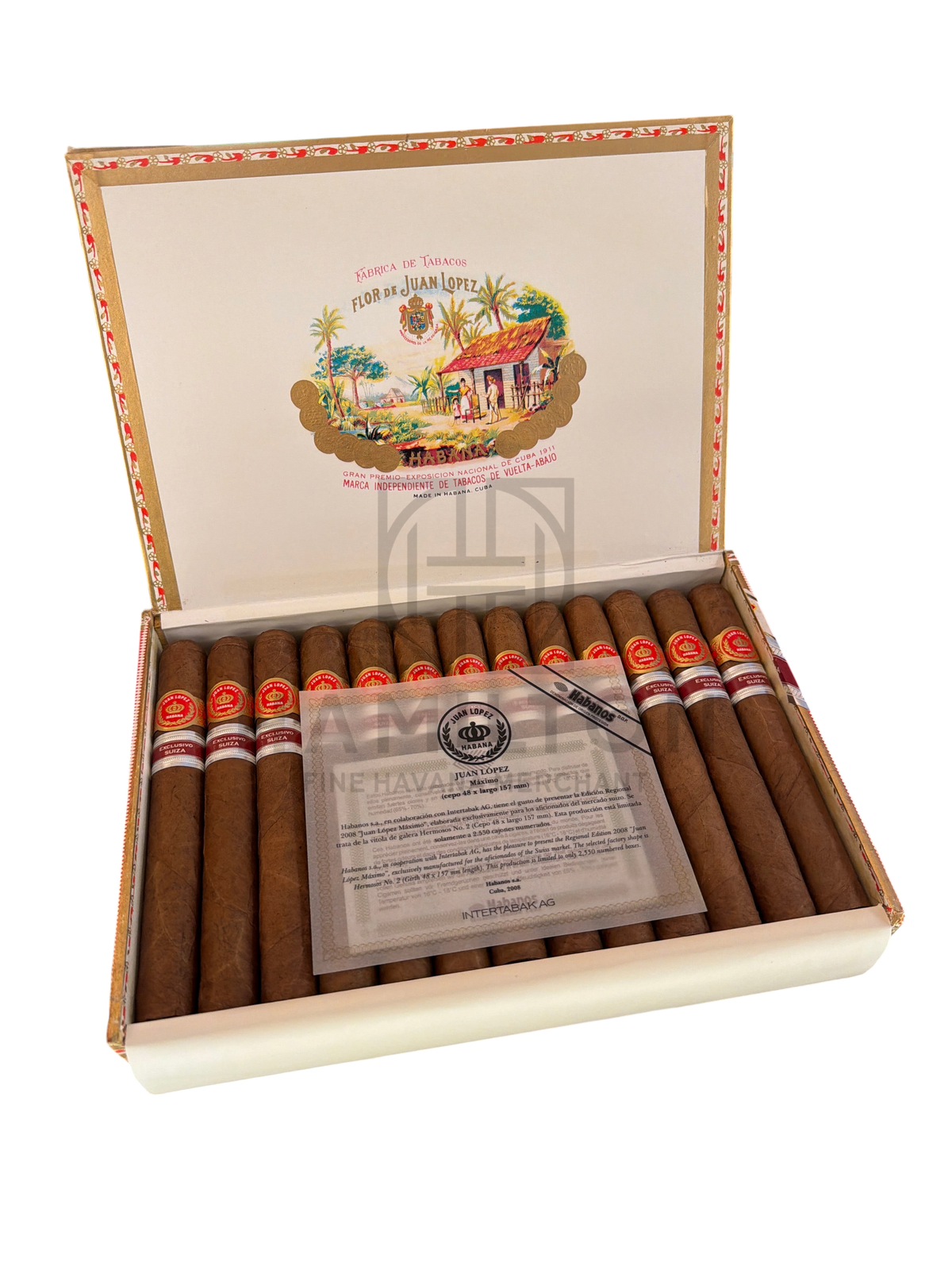 HAMILTON JUAN LOPEZ 25s Maximos ER Suiza cigar box with twenty-five premium Cuban cigars and descriptive insert