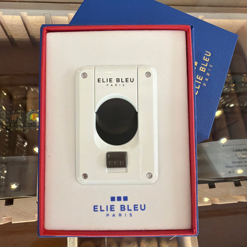 HAMILTON Elie Bleu C-4 cigar cutter in white with a black ion-plated blade, presented in a branded gift box.
