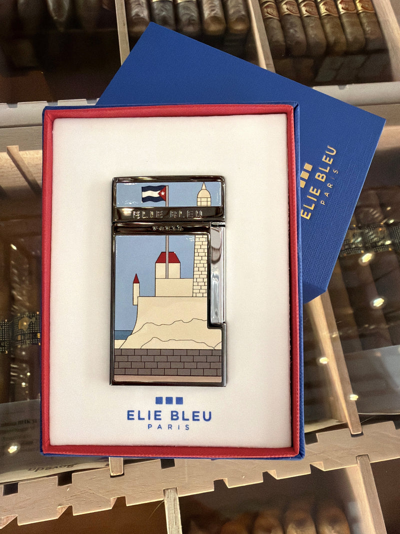 HAMILTON Elie Bleu Limited Edition Casa Cubana lighter with black ion plating and a coastal lighthouse illustration.