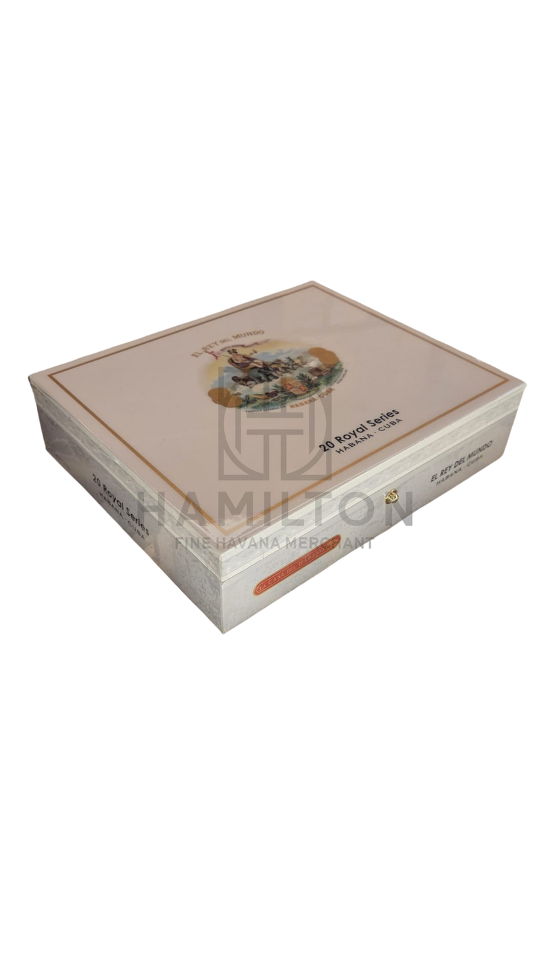 HAMILTON EL REY DEL MUNDO Royal Series cigar box displayed in a glass humidor case with premium cigars