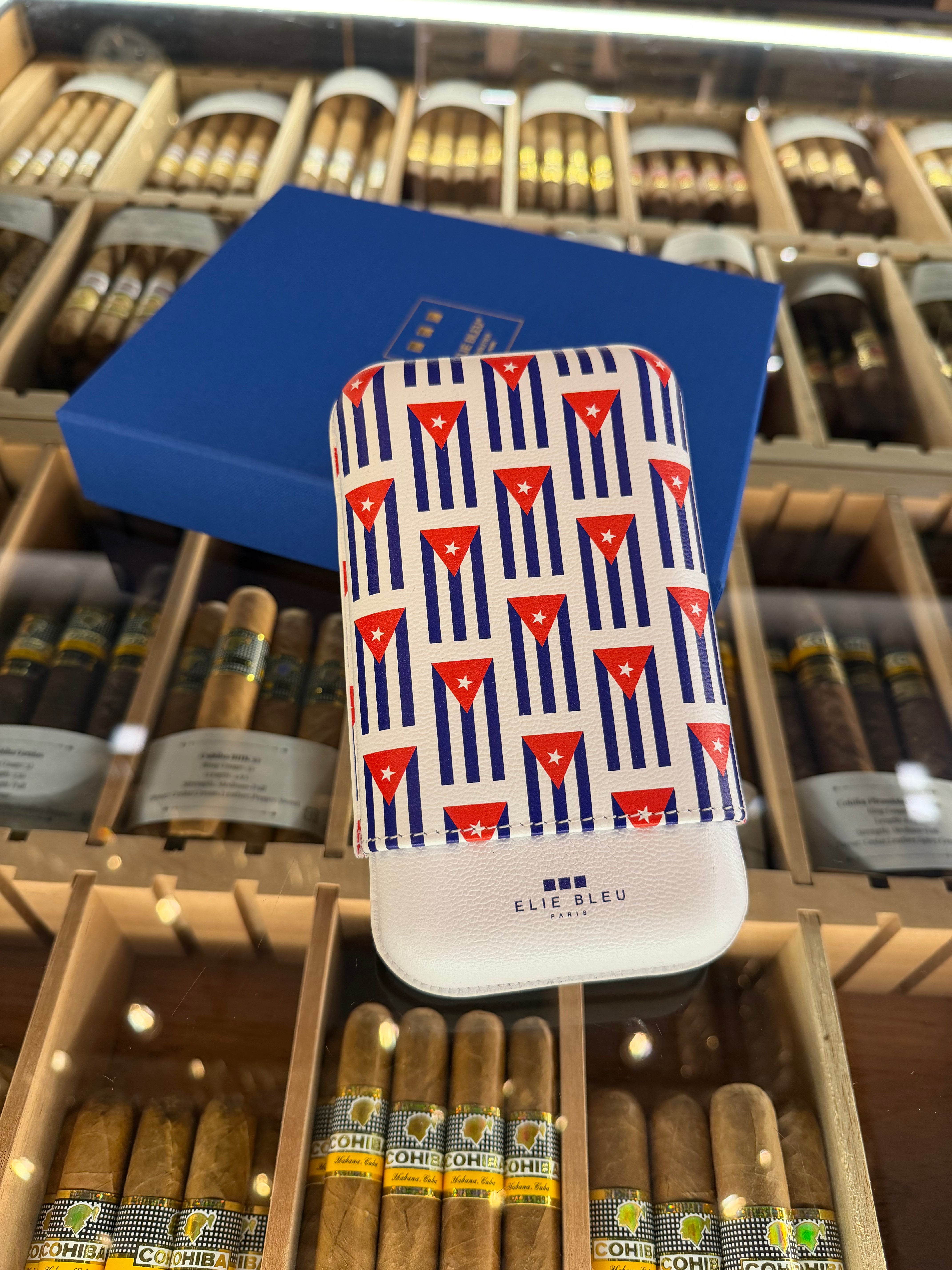 ELIE BLEU Leather Cigars Case Small Cuban Flag 3 Cigars