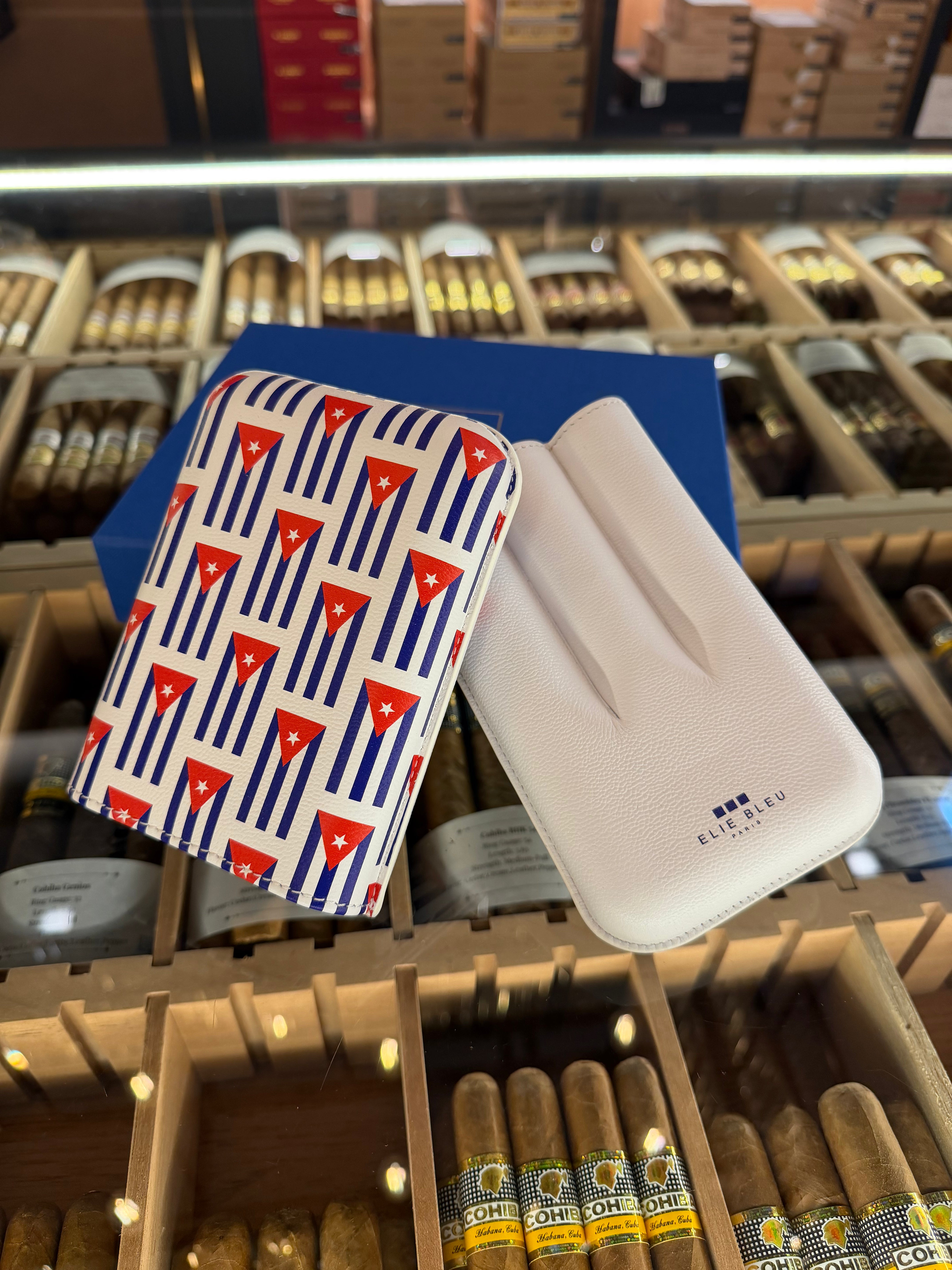 ELIE BLEU Leather Cigars Case Small Cuban Flag 3 Cigars