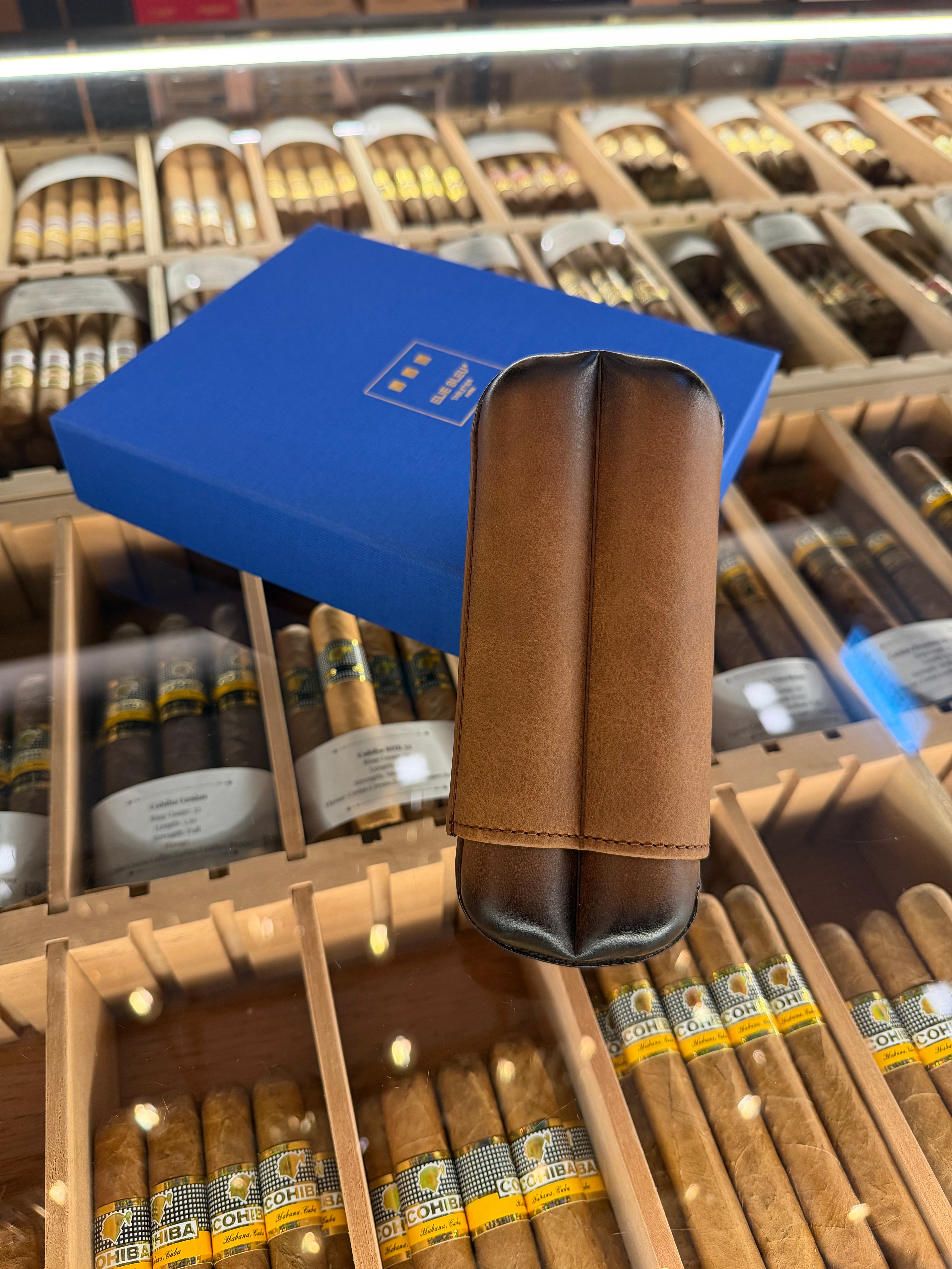 ELIE BLEU Havana Leather Case For 2 Cigar