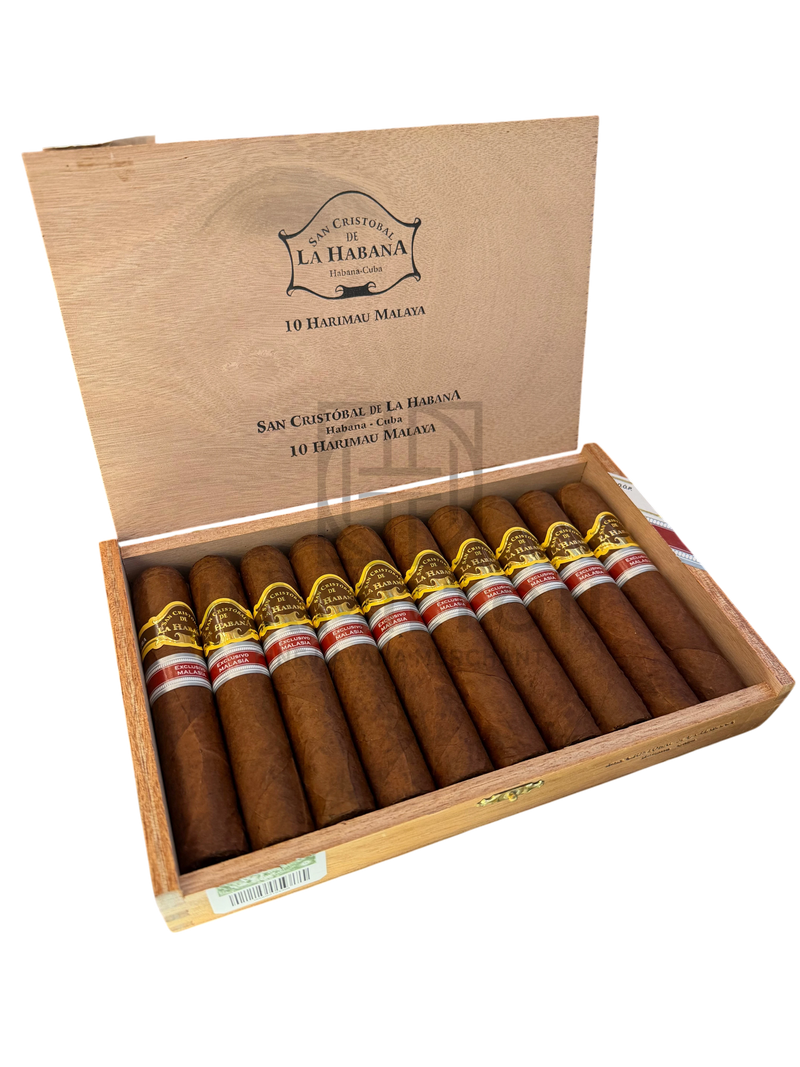 HAMILTON box of 10 San Cristobal de la Habana Harimau Malaya cigars with gold and red bands in a wooden display case