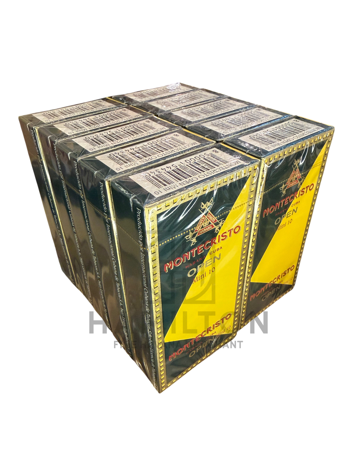 HAMILTON MONTECRISTO Open Mini cigar pack with yellow and green branding displayed on a glass shelf