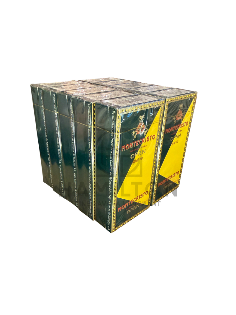 HAMILTON MONTECRISTO Open Mini cigar pack featuring green and yellow branding displayed in a retail humidor.