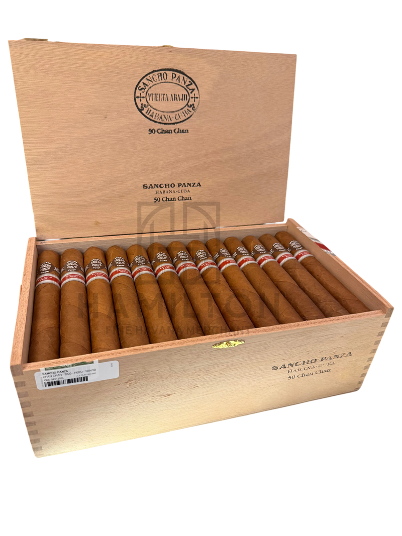 HAMILTON Sancho Panza Chan Chan 2023 regional release cigars in a wooden cabinet of 50, featuring ornate cigar bands.