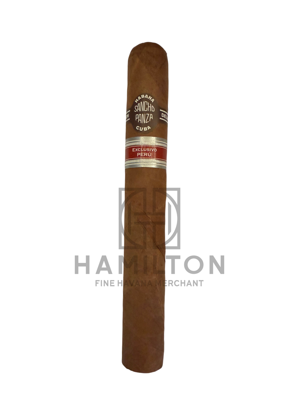 HAMILTON Sancho Panza Chan Chan 2023 cigar with a smooth brown wrapper and Exclusivo Peru band on a white background