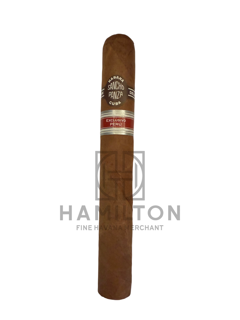 HAMILTON Sancho Panza Chan Chan 2023 cigar with a smooth brown wrapper and Exclusivo Peru band on a white background