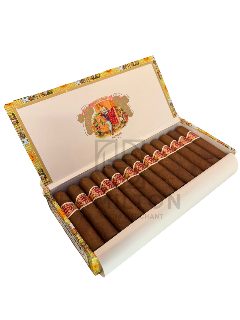 HAMILTON box of 25 Romeo y Julieta Petit Royales cigars with ornate lid art and red and gold cigar bands