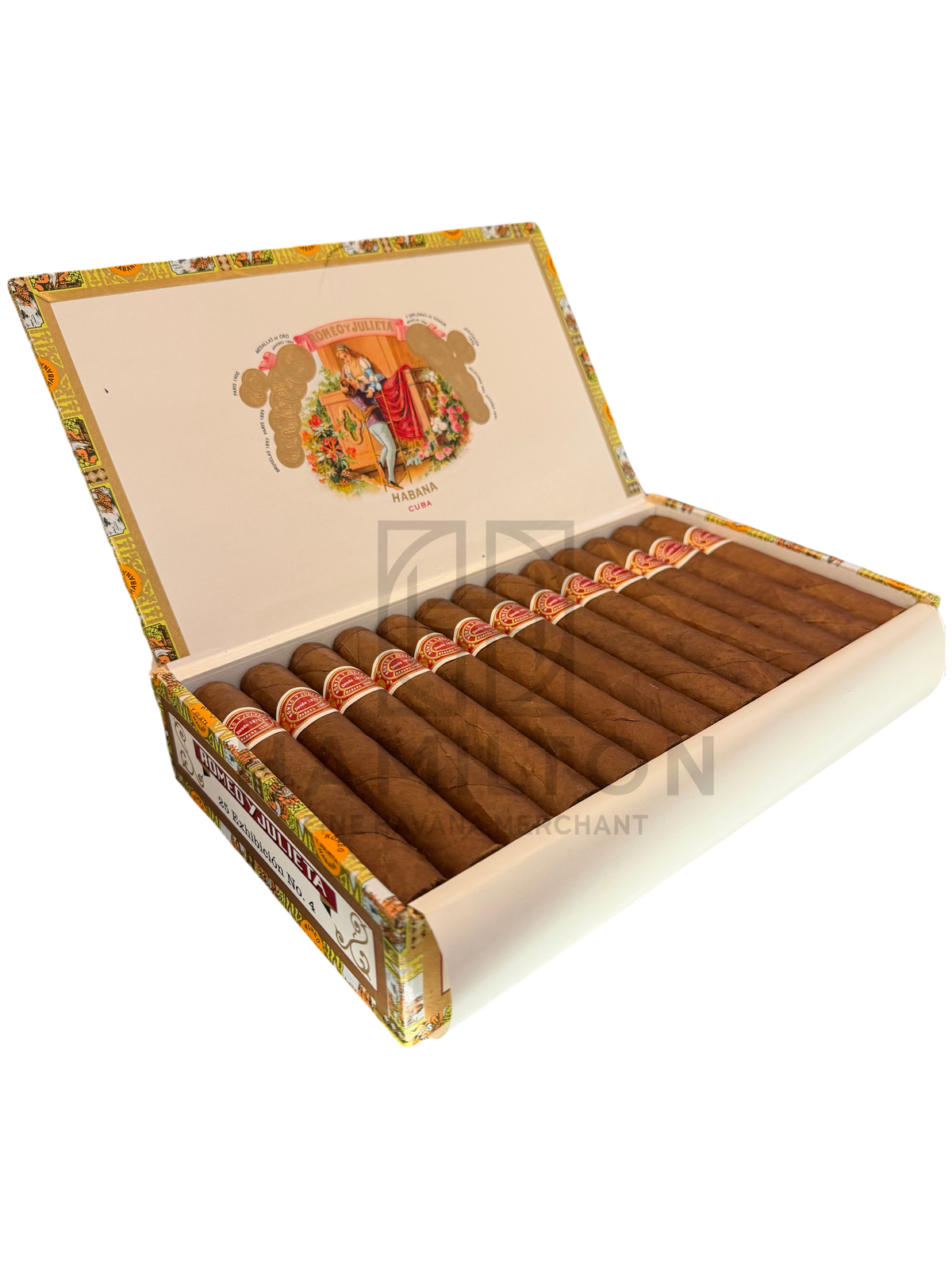 HAMILTON Romeo y Julieta Exhibicion No.4 cigars in an open wooden box with decorative branding and gold medals