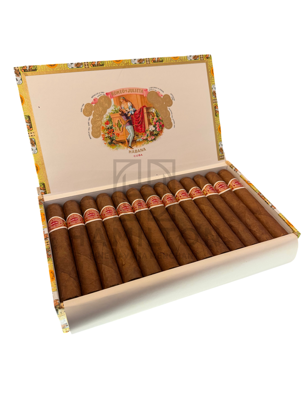 HAMILTON box of 25 Romeo y Julieta Exhibicion No.4 Cuban cigars with ornate interior lid branding