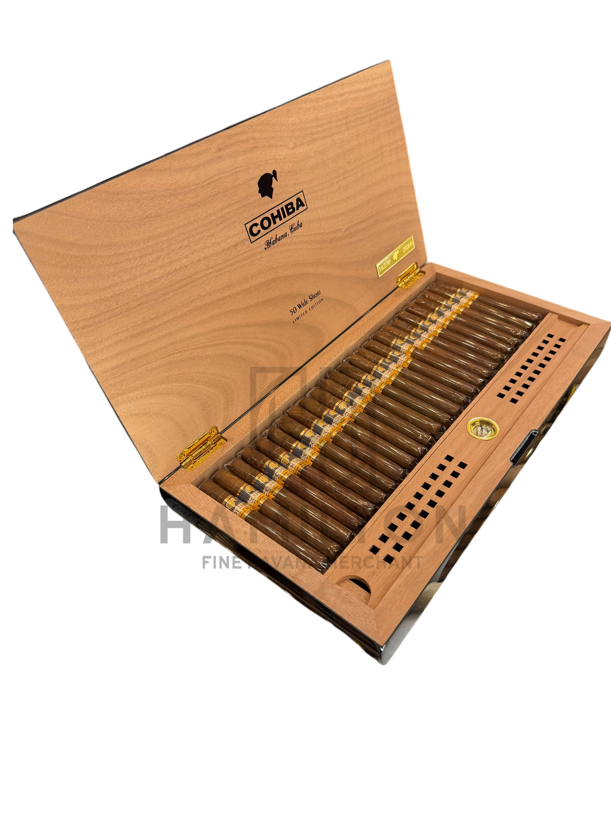 HAMILTON Cohiba Wide Short Limited Edition 50s cigars in an open wooden box with gold branding and internal humidifier