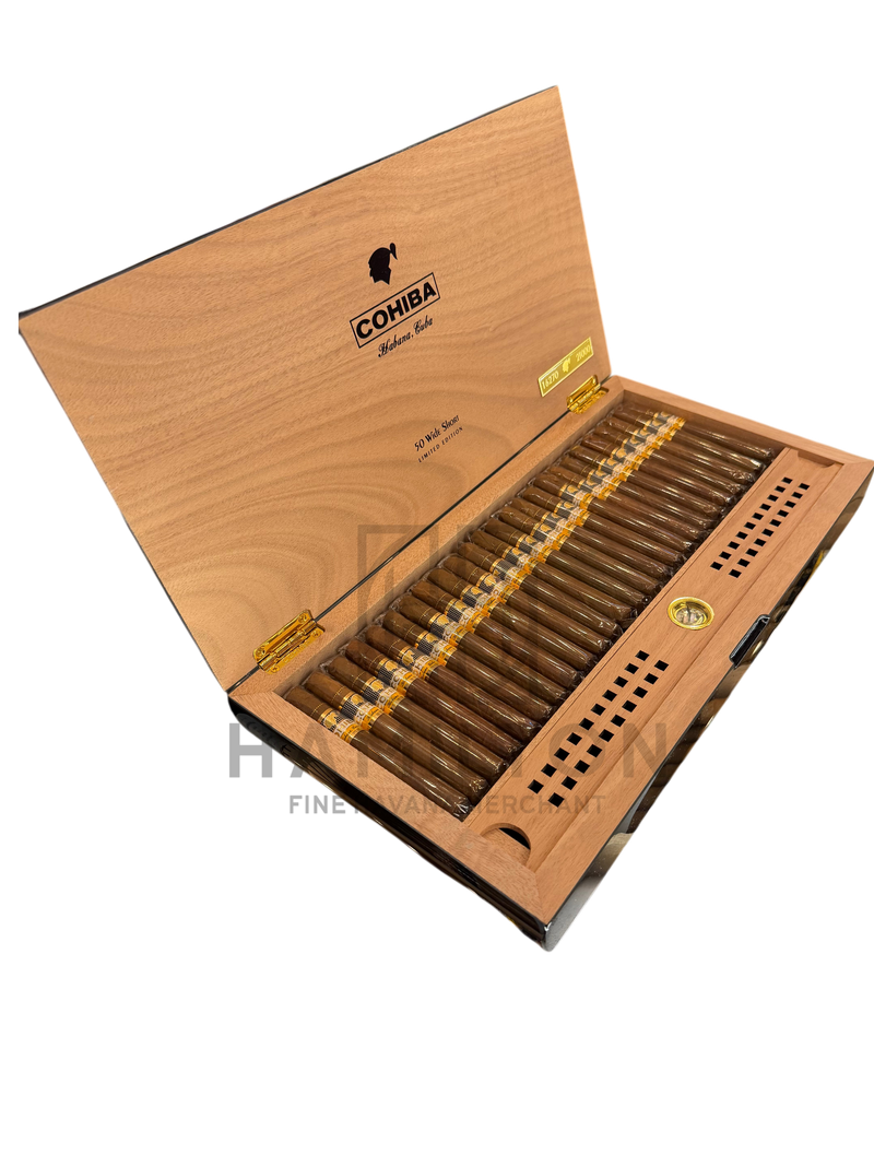 HAMILTON Cohiba Wide Short Limited Edition 50s cigars in an open wooden box with gold branding and internal humidifier
